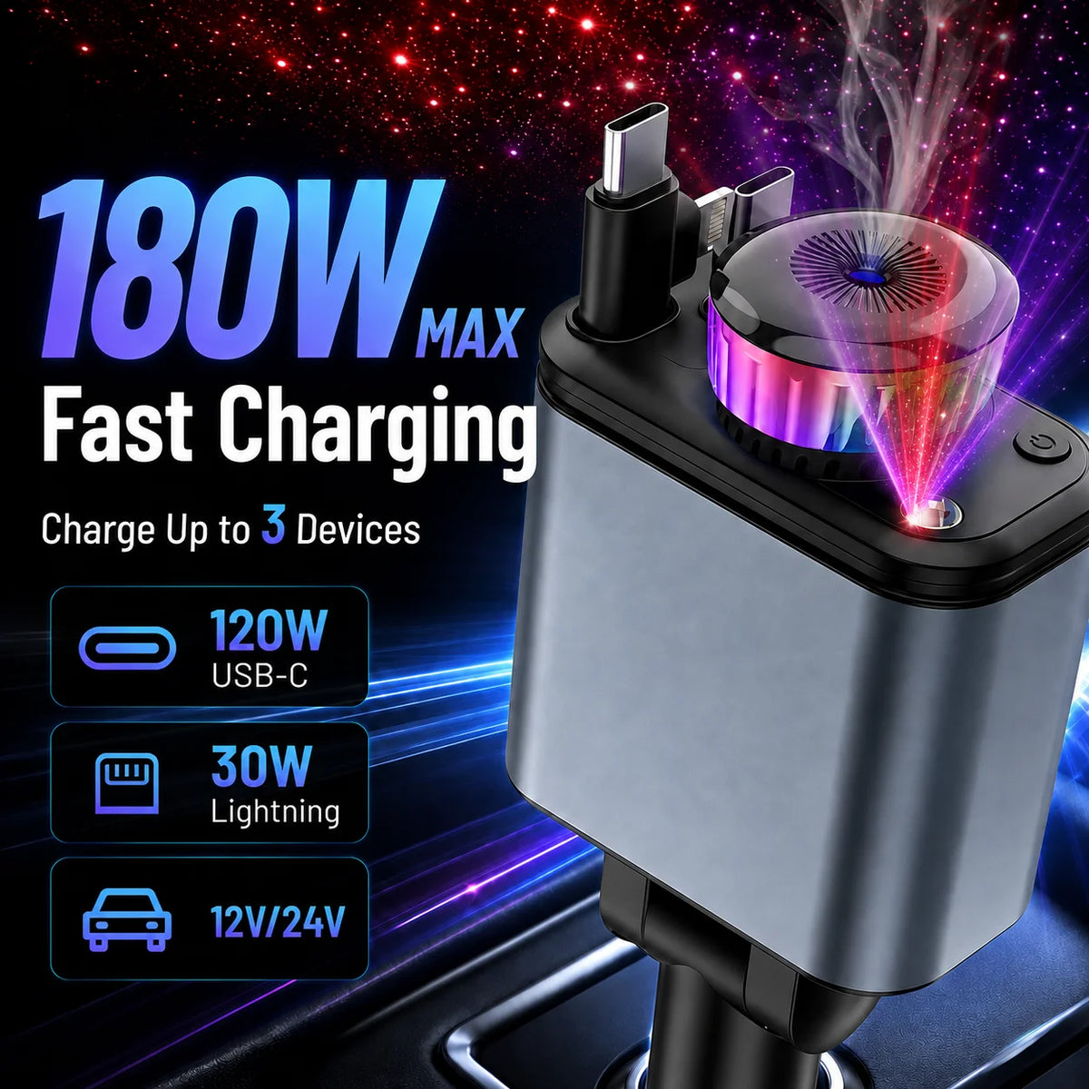 180W 5-in-1 Retractable Car Charger