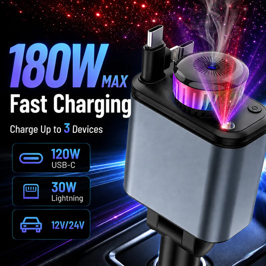 180W 5-in-1 Retractable Car Charger
